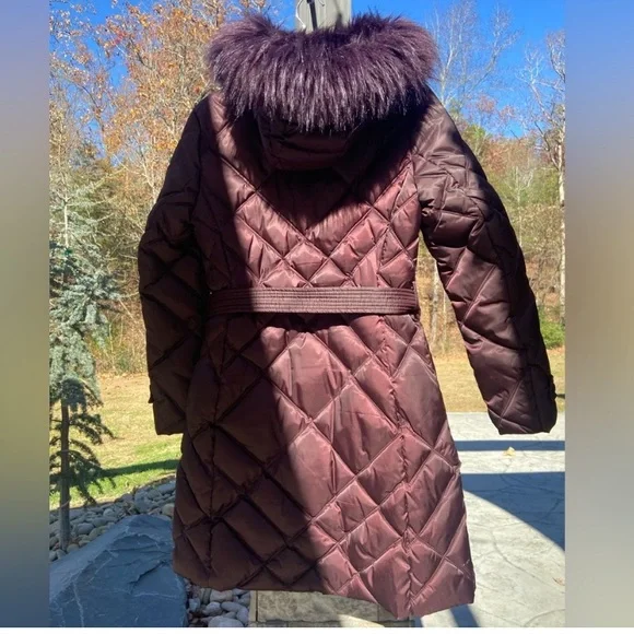 Belted Quilted Long Puffer Coat Fur Hood Plum Burgundy Size Small - Picture 5 of 11